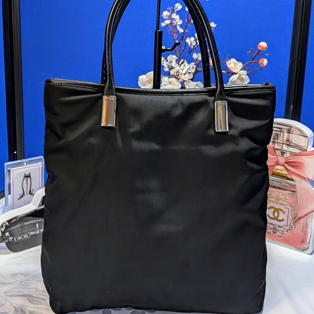 Gucci Black Canvas And Leather Tote Bag With Silver Hardware